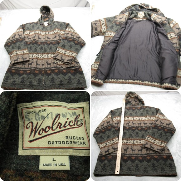 Woolrich Jacket Women Large Green Deer Aztec Hooded Wool Blend USA RARE VTG 90's
